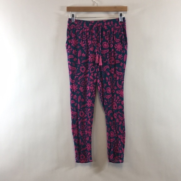 Boden Green Pink Floral Batik Capri Pants Womens 2R Pull‎ On Cropped - Picture 2 of 10